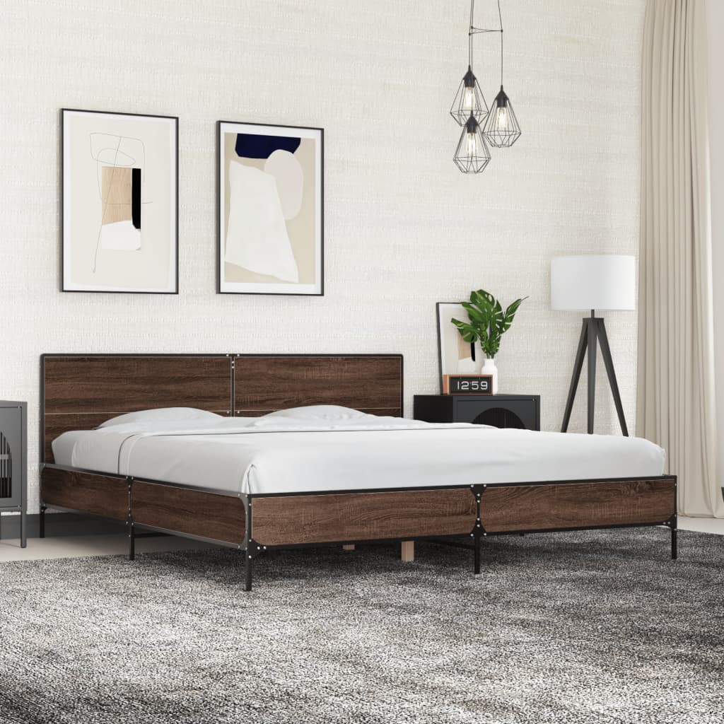 Okvir za krevet smeđi hrast 200x200cm konstruirano drvo i metal