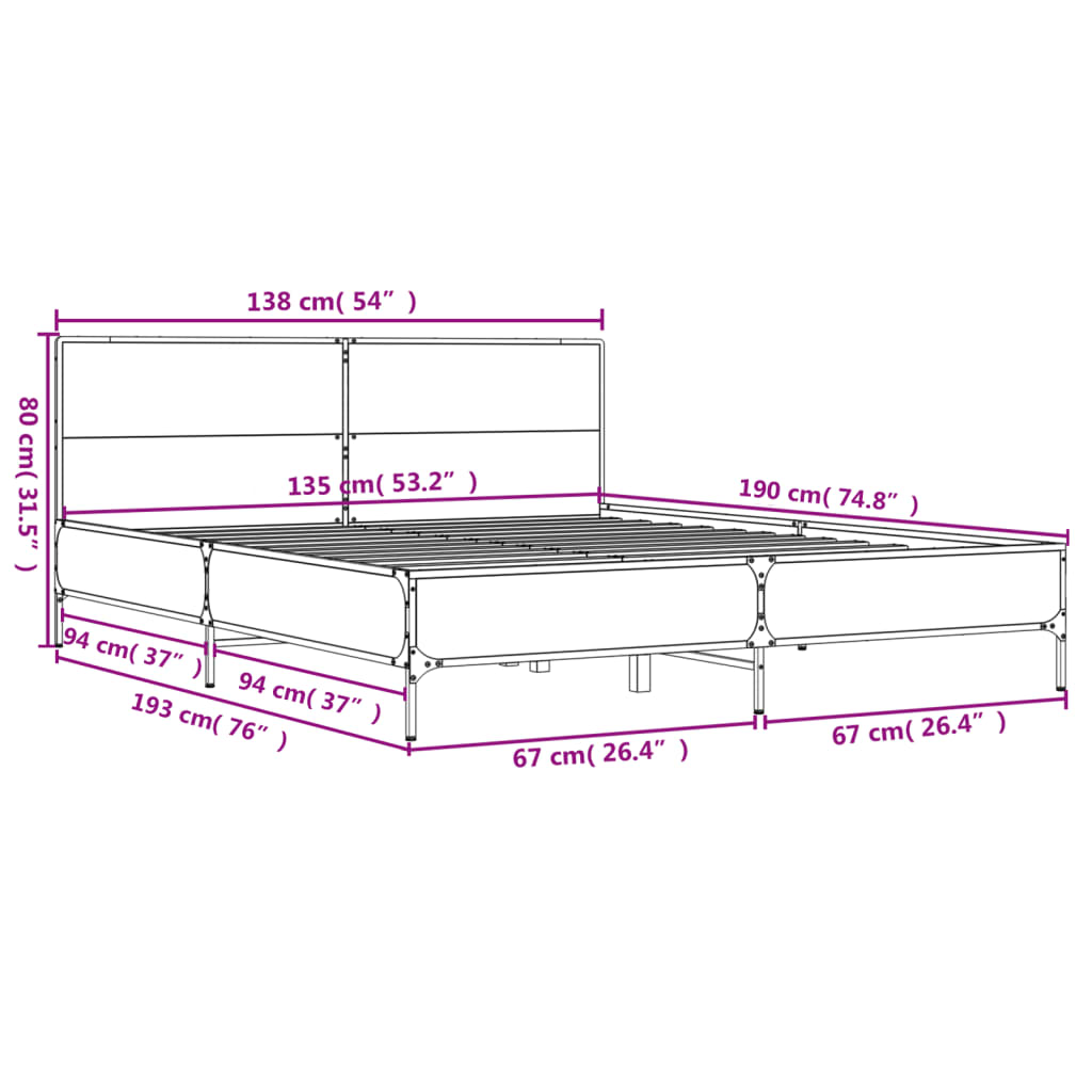 Okvir za krevet boja hrasta 135x190cm konstruirano drvo i metal
