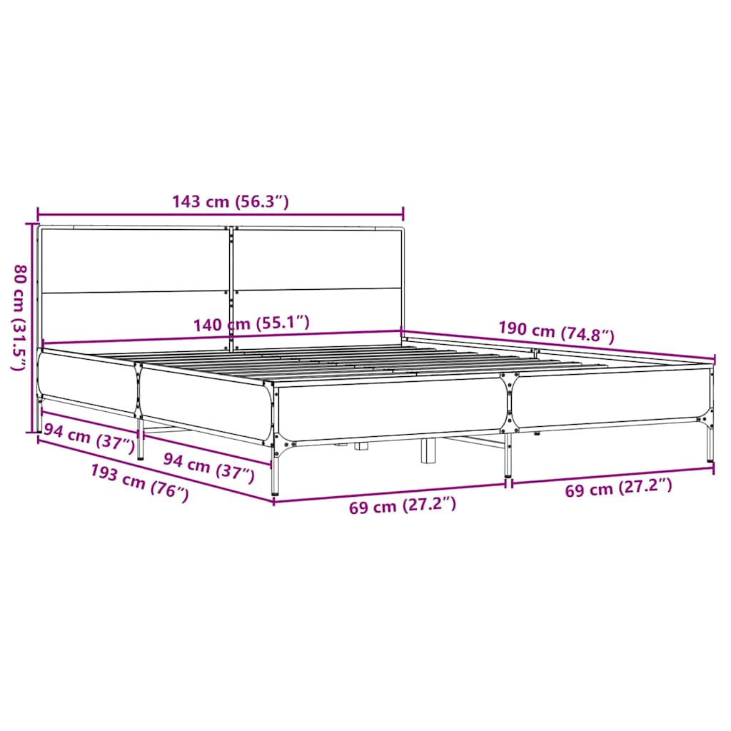 Okvir za krevet boja hrasta 140x190cm konstruirano drvo i metal