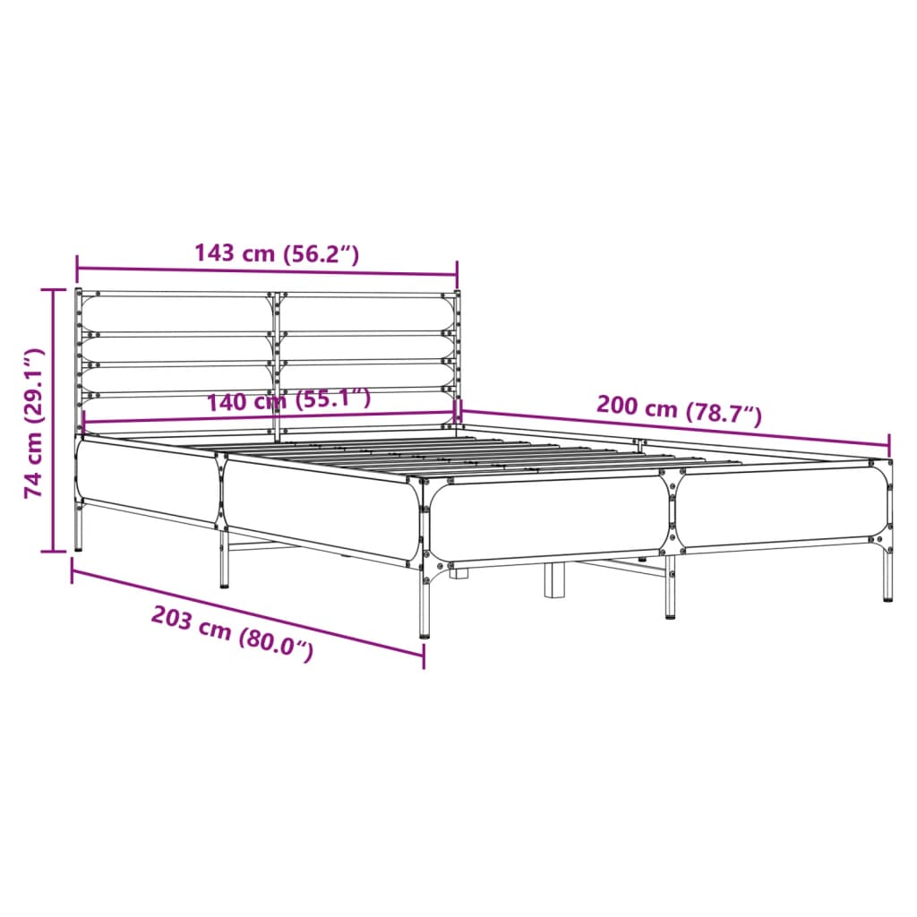 Okvir za krevet boja hrasta 140x200cm konstruirano drvo i metal