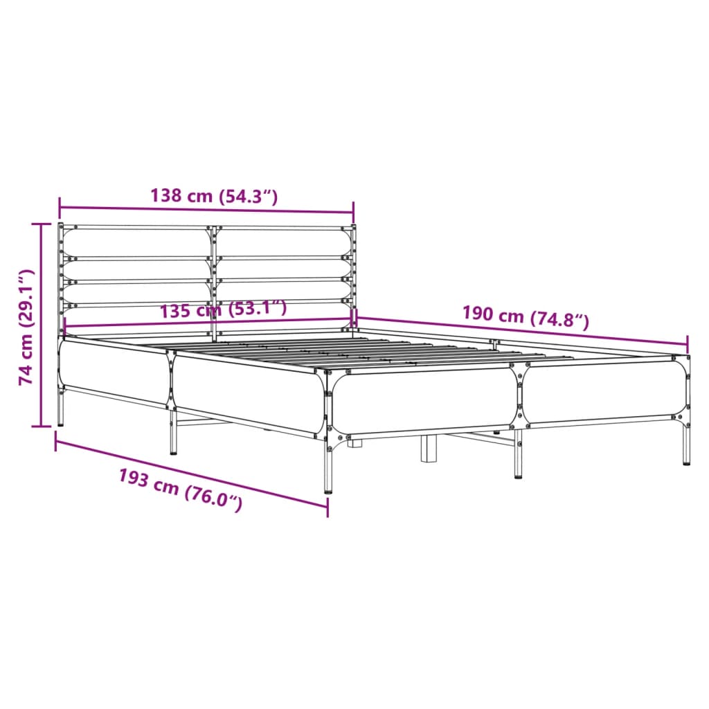 Okvir za krevet boja hrasta 135x190cm konstruirano drvo i metal