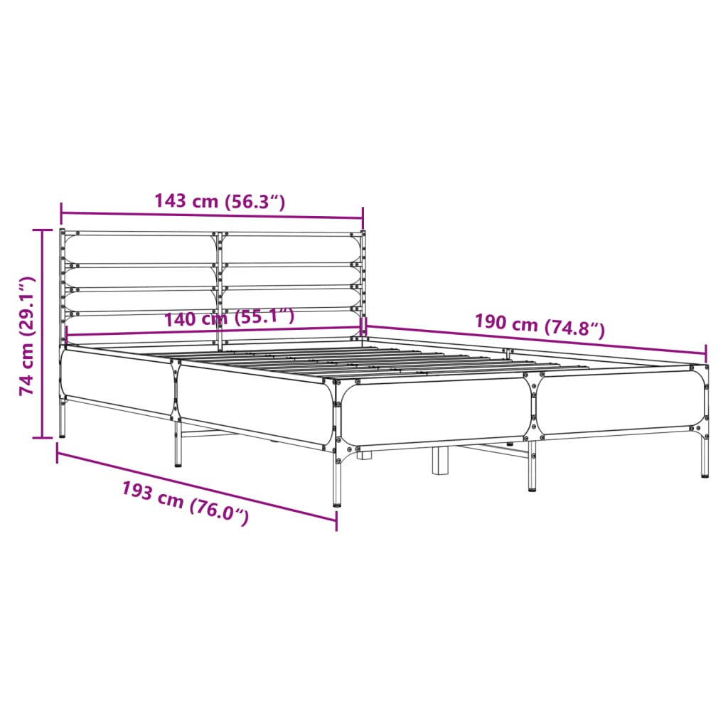 Okvir za krevet boja hrasta 140x190cm konstruirano drvo i metal