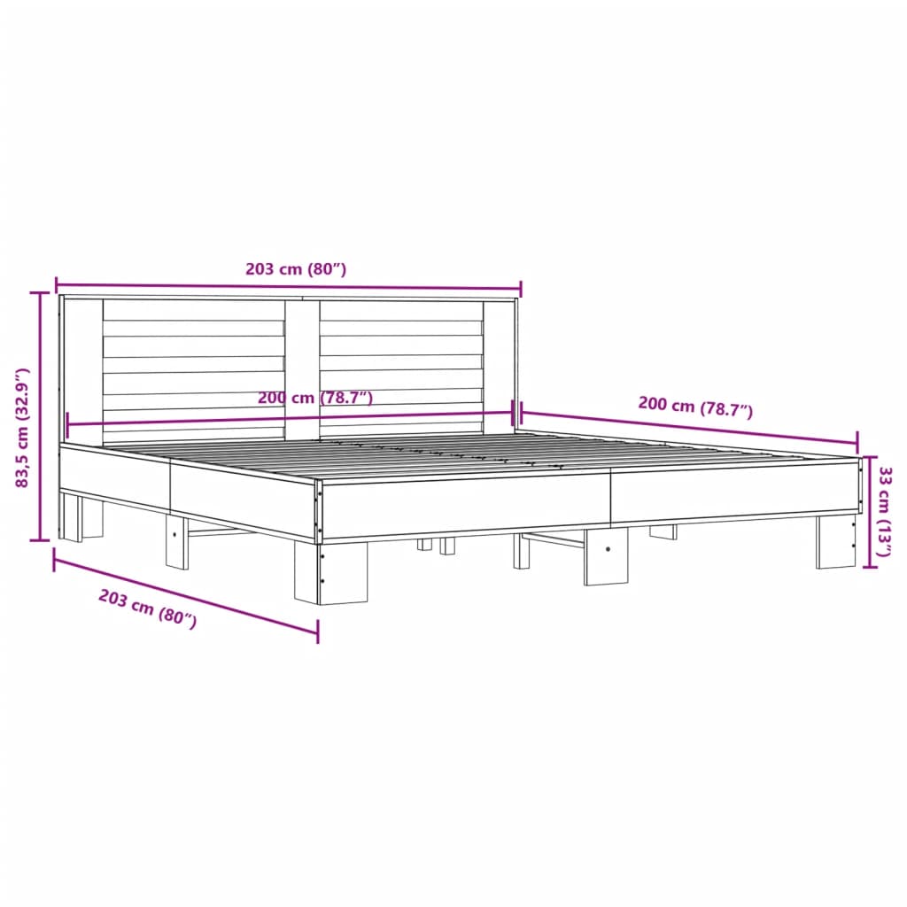 Okvir za krevet boja hrasta 200x200cm konstruirano drvo i metal
