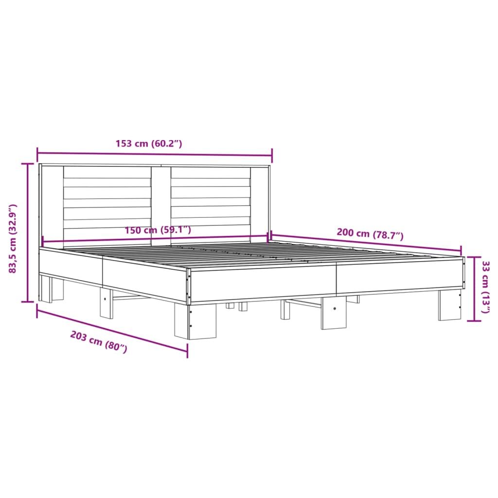Okvir za krevet boja hrasta 150x200cm konstruirano drvo i metal