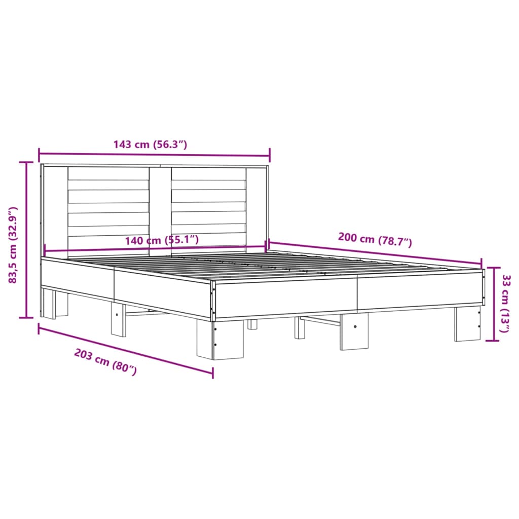 Okvir za krevet boja hrasta 140x200cm konstruirano drvo i metal