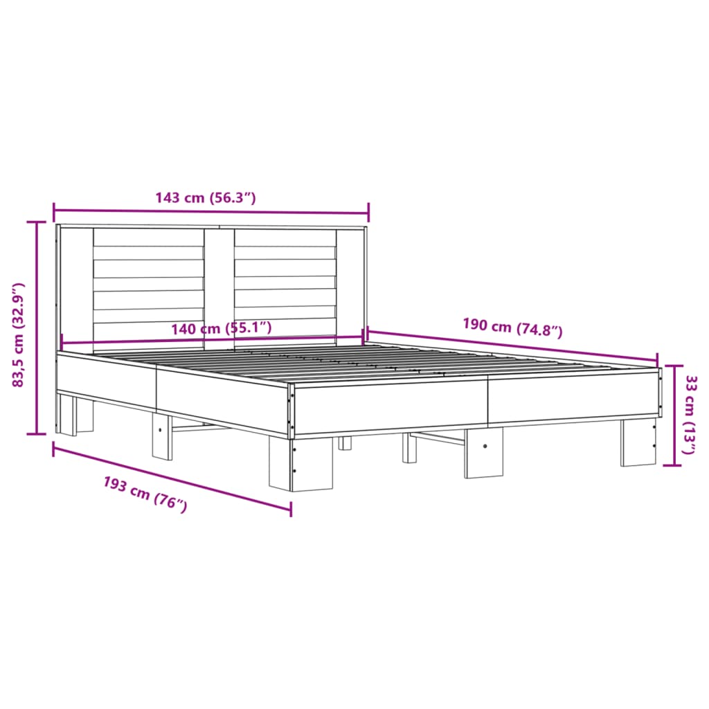 Okvir za krevet boja hrasta 140x190cm konstruirano drvo i metal