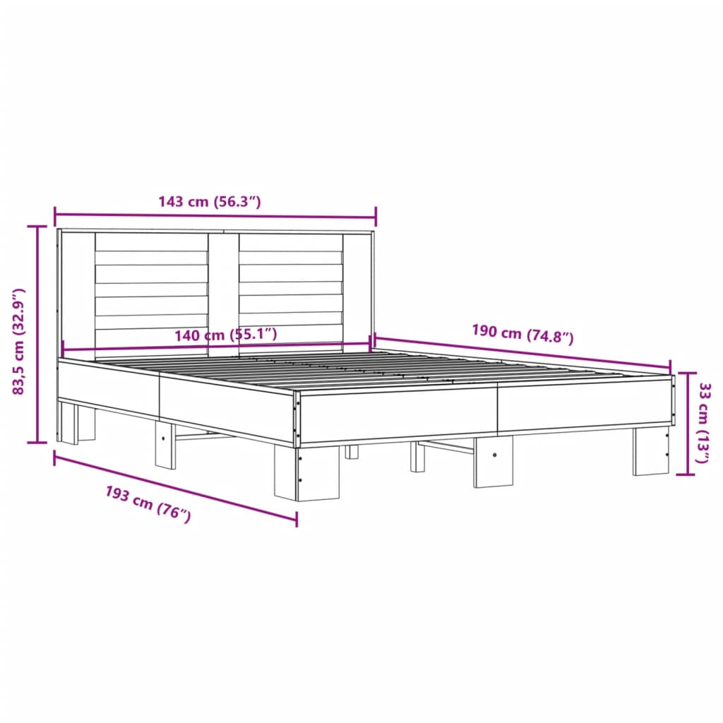 Okvir za krevet smeđi hrast 140x190cm konstruirano drvo i metal