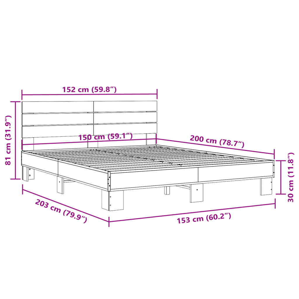 Okvir za krevet boja hrasta 150x200cm konstruirano drvo i metal