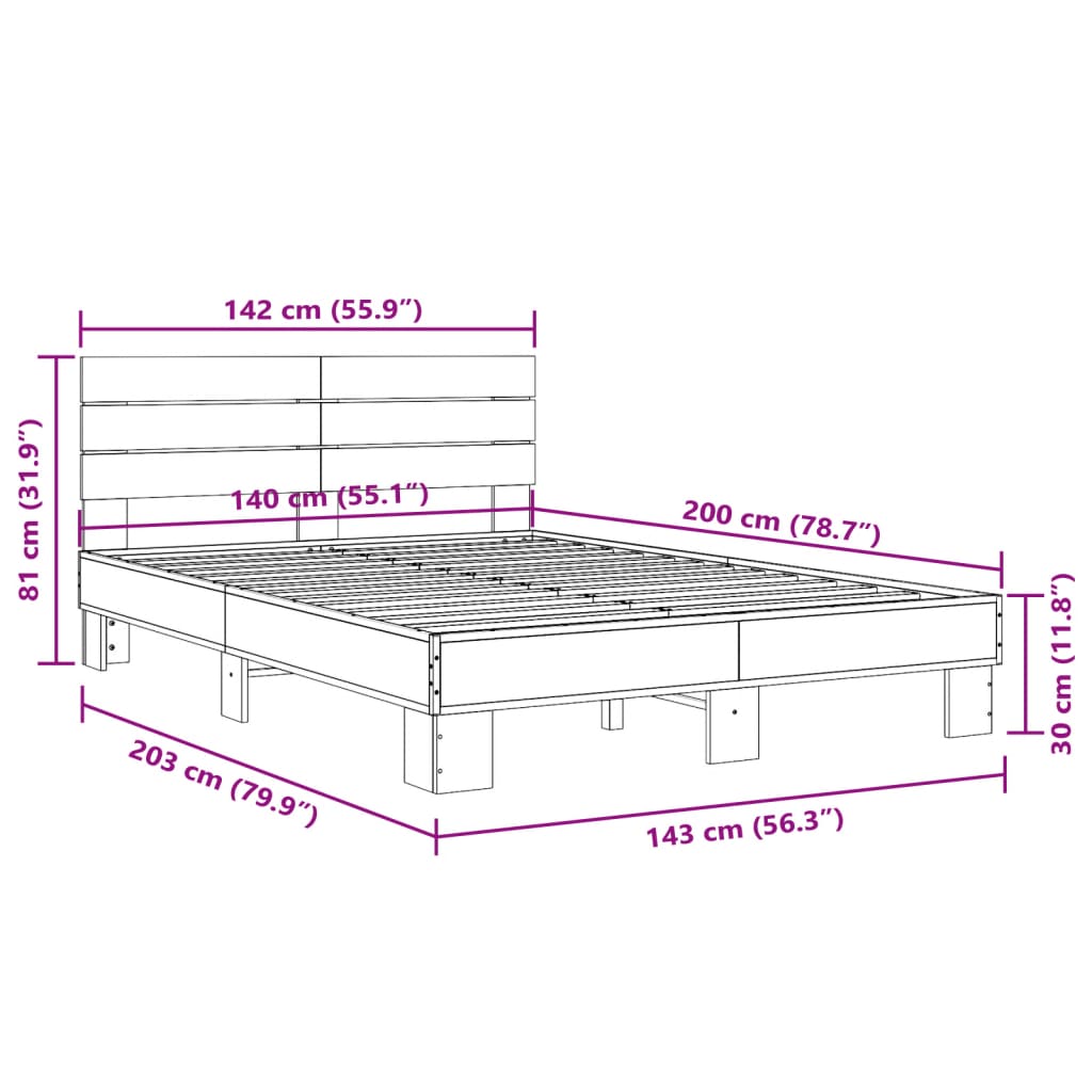 Okvir kreveta boja hrasta 140x200 cm konstruirano drvo i metal