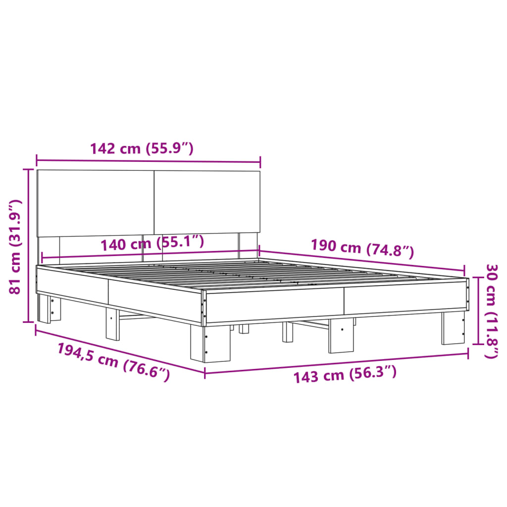 Okvir za krevet boja hrasta 140x190cm konstruirano drvo i metal