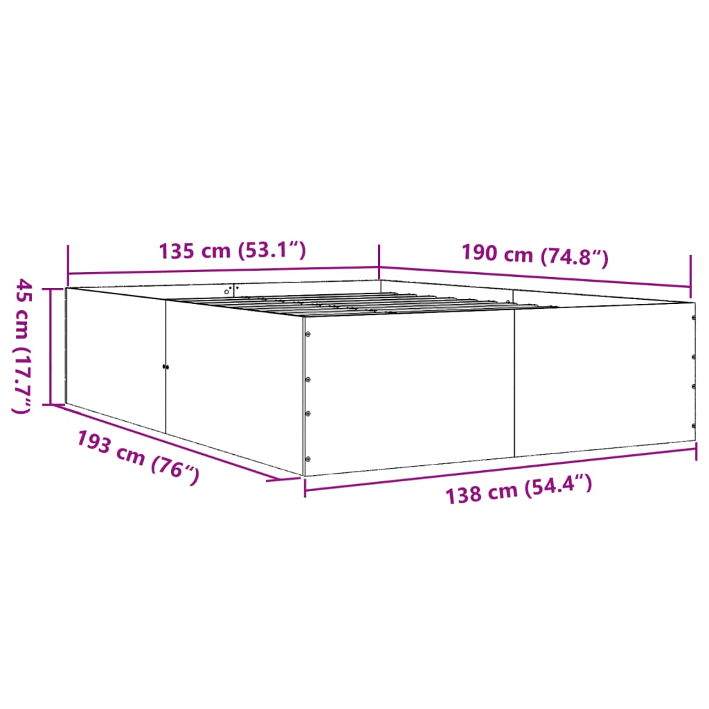 Okvir kreveta siva boja hrasta 135 x 190 cm konstruirano drvo