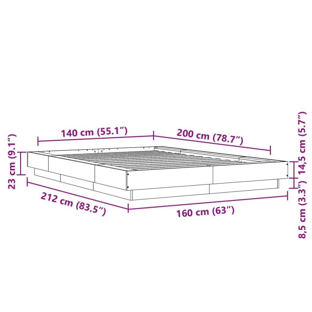 Okvir za krevet s LED svjetlima boja hrasta 140 x 200 cm drveni