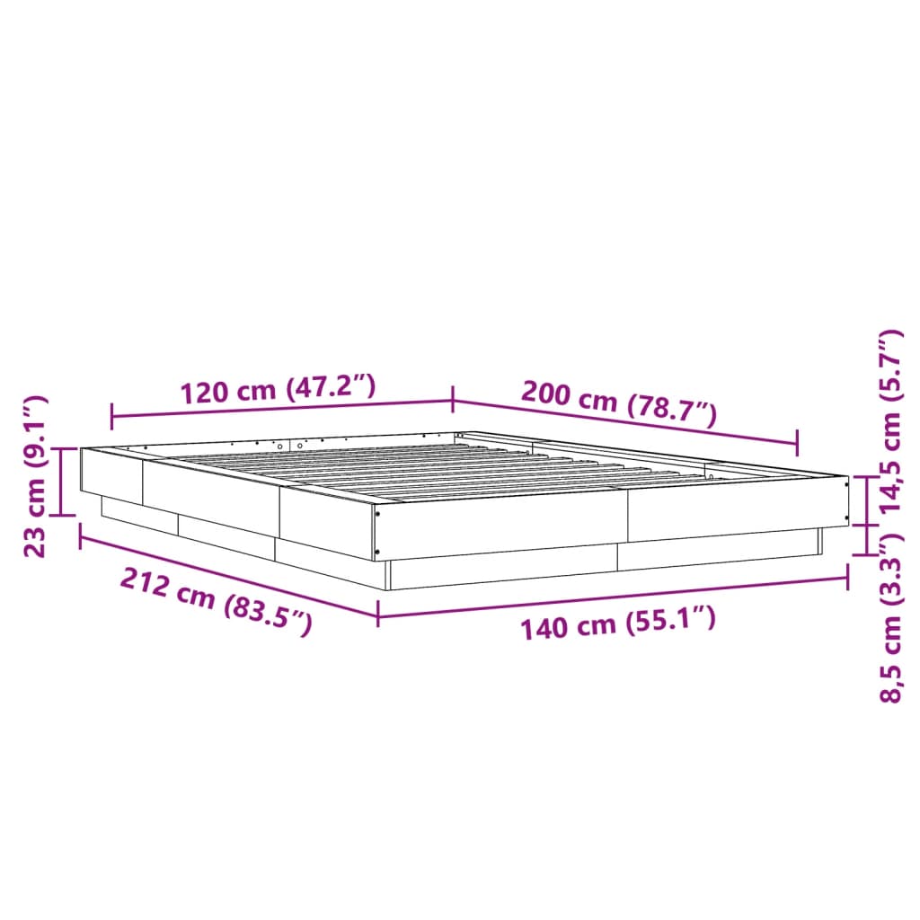 Okvir kreveta s LED svjetlima boja betona 120 x 200 cm drveni