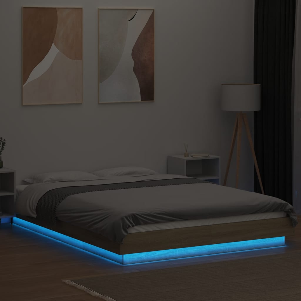 Okvir za krevet s LED svjetlima boja hrasta 140 x 190 cm drveni