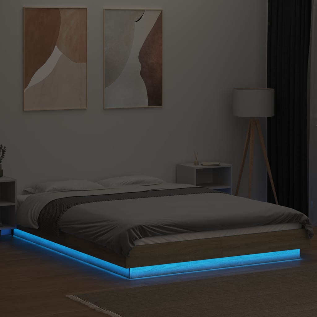 Okvir za krevet s LED svjetlima boja hrasta 135 x 190 cm drveni