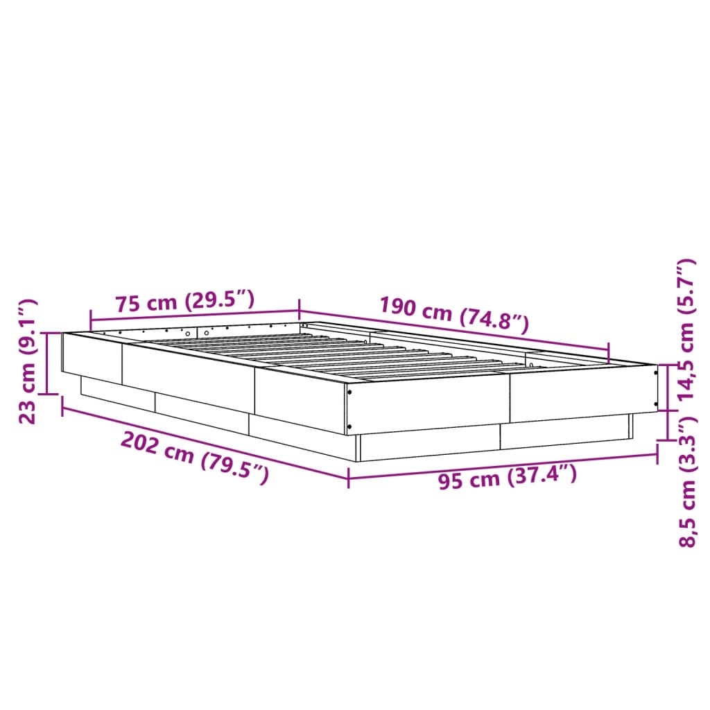 Okvir za krevet s LED svjetlima 90x190 cm konstruirano drvo