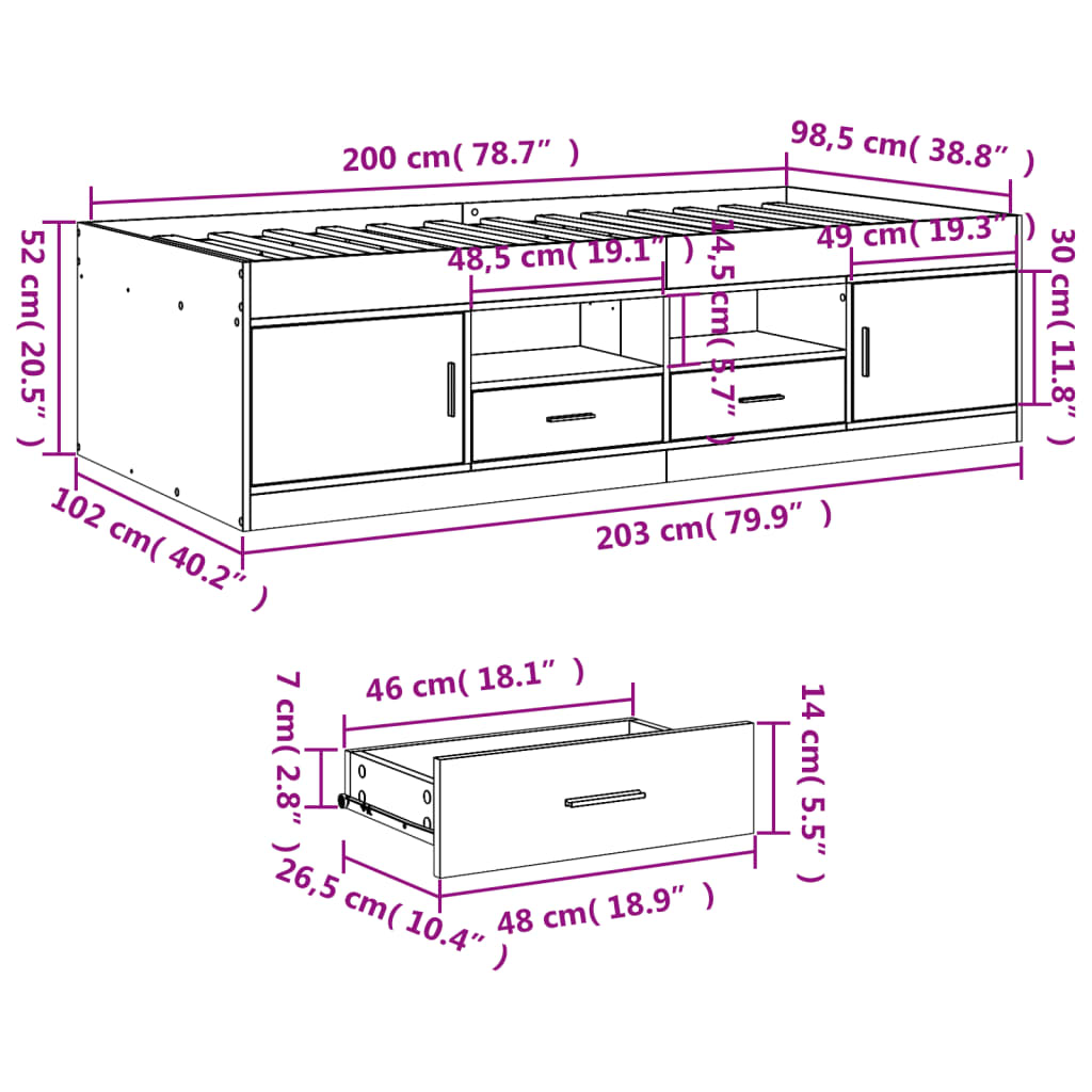Dnevni krevet s ladicama bez madraca siva boja hrasta 100x200cm