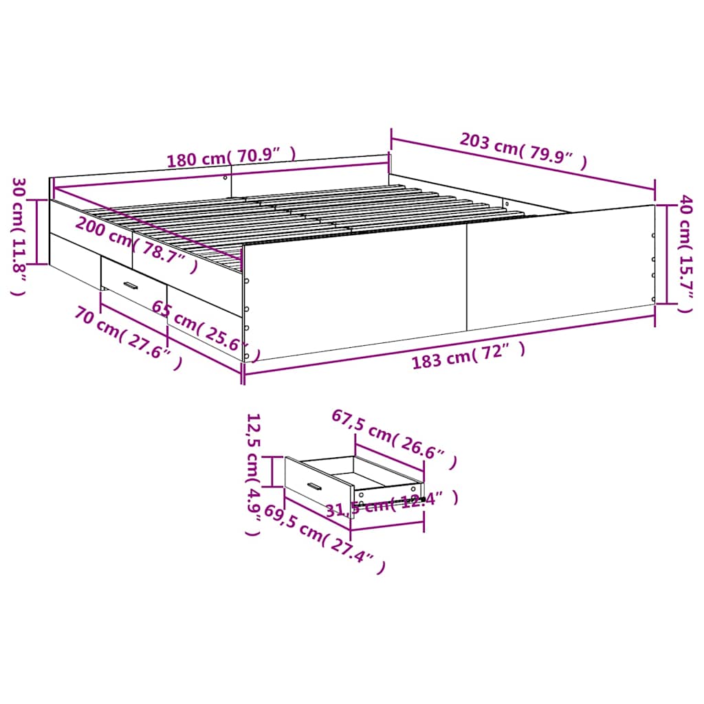 Okvir za krevet s ladicama boja hrasta 180x200 cm