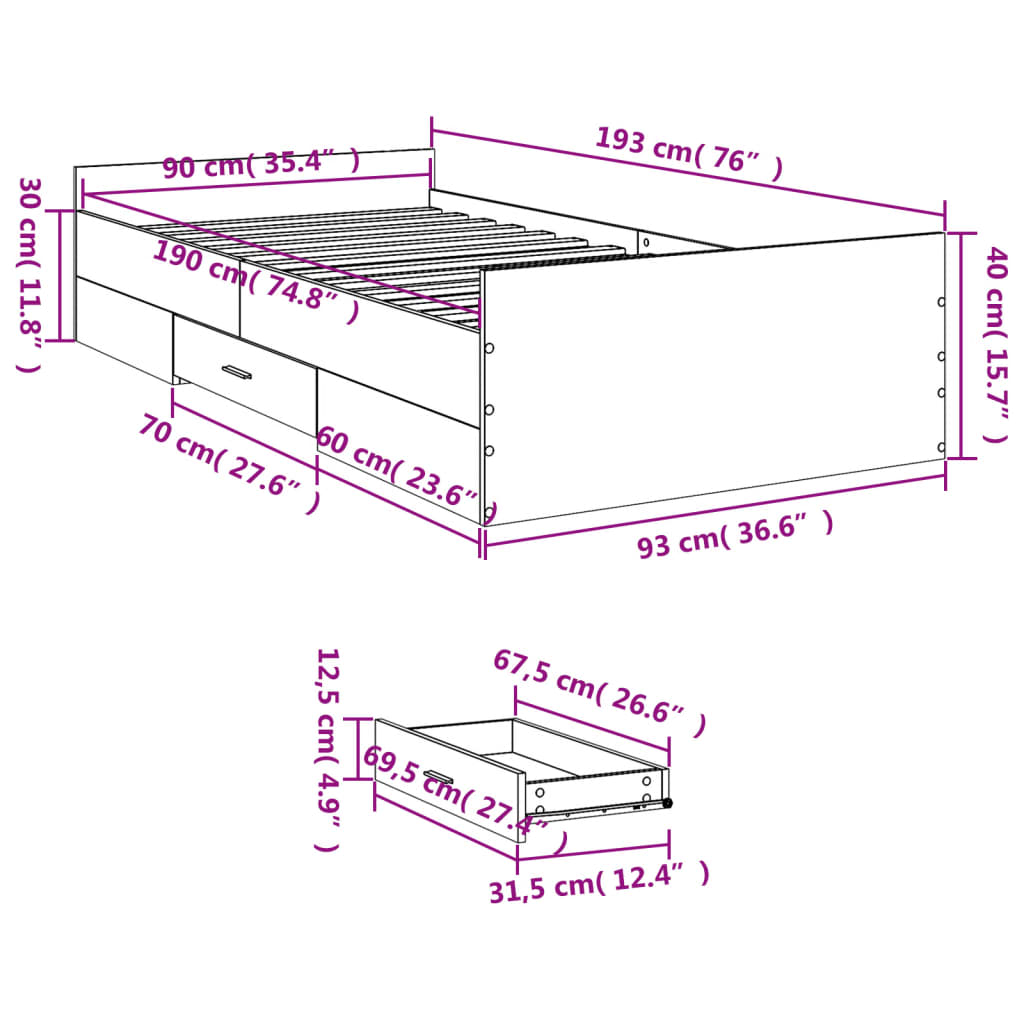 Okvir za krevet s ladicama boja hrasta 90x190 cm drveni