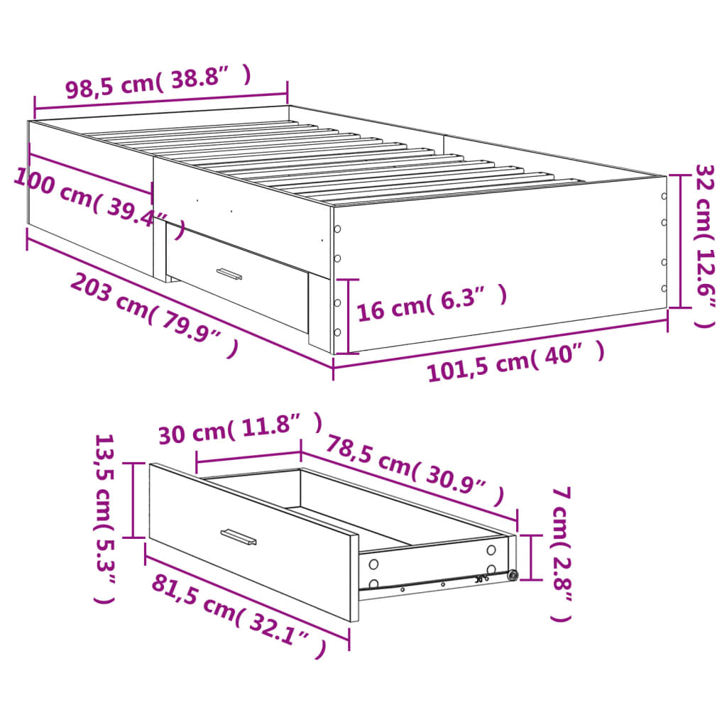 Okvir kreveta s ladicama boja hrasta 100x200 cm