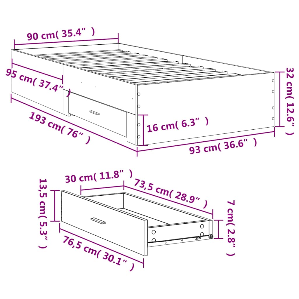 Okvir kreveta s ladicama siva boja hrasta 90 x 190 cm drveni