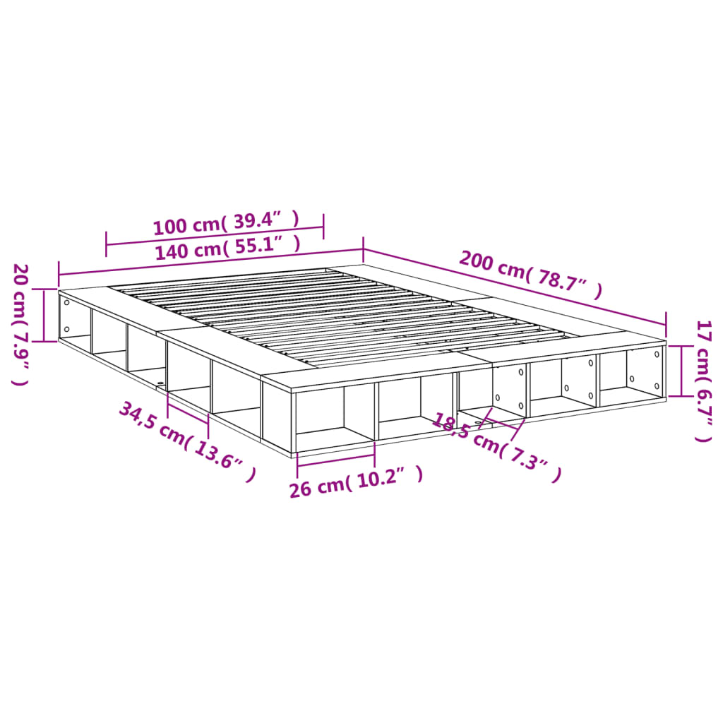 Okvir kreveta siva boja hrasta 140 x 200 cm konstruirano drvo
