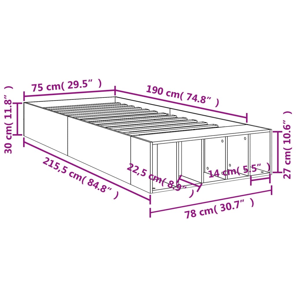 Okvir kreveta boja betona 75x190 cm od konstruiranog drva