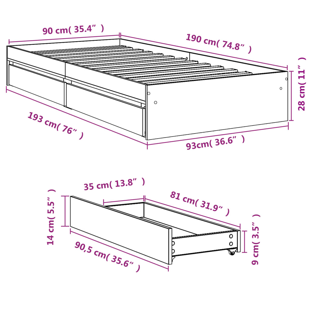 Okvir kreveta s ladicama crni 90 x 190 cm konstruirano drvo