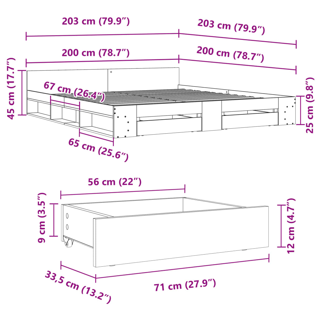 Okvir za krevet s ladicama boja hrasta 200x200 cm drveni