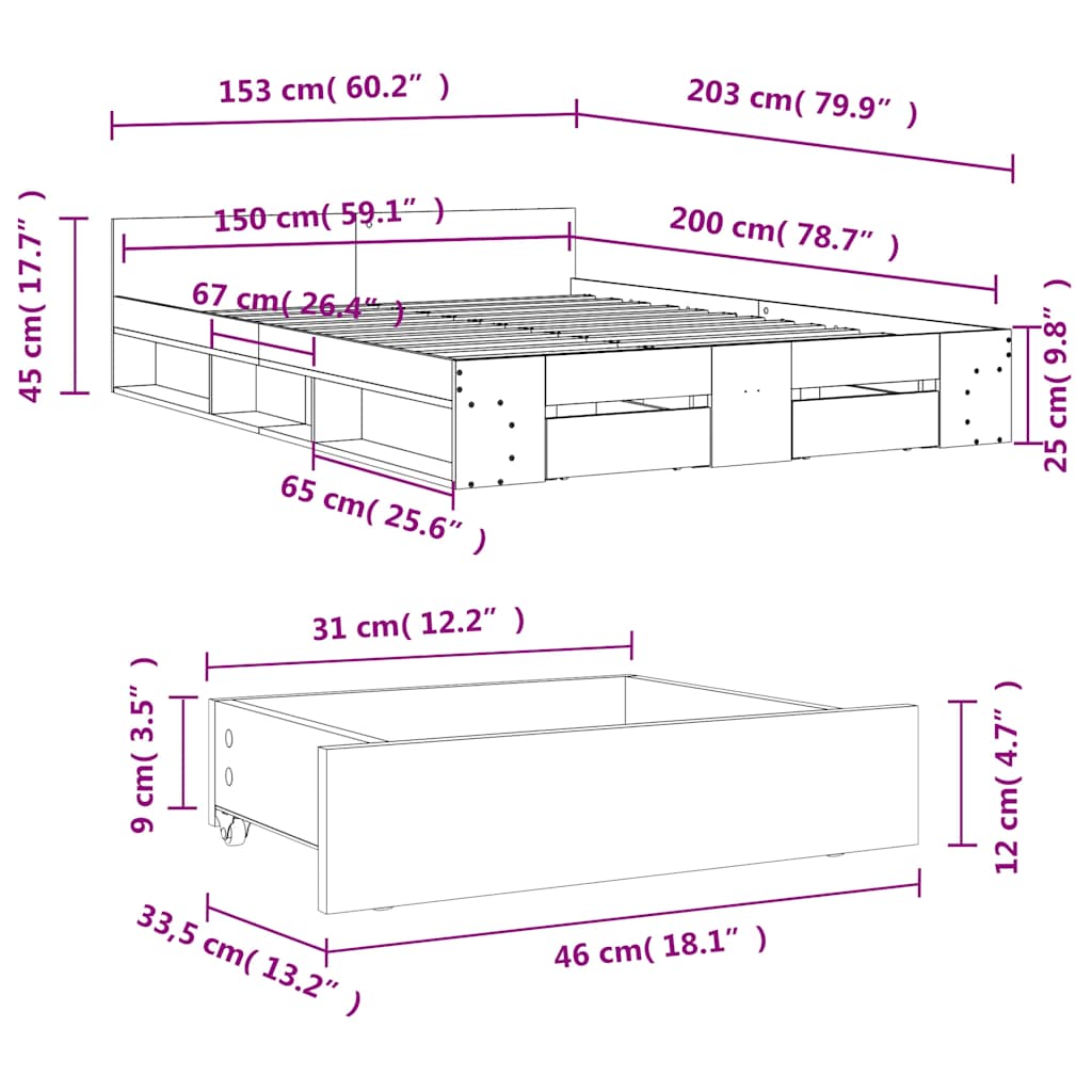 Okvir za krevet s ladicama boja hrasta 150x200 cm drveni