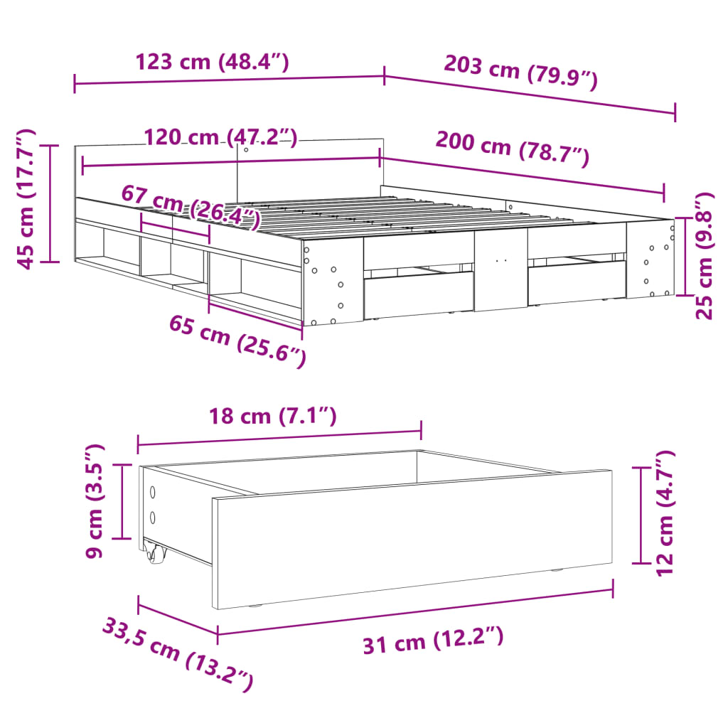 Okvir kreveta s ladicama siva boja betona 120x200 cm drveni