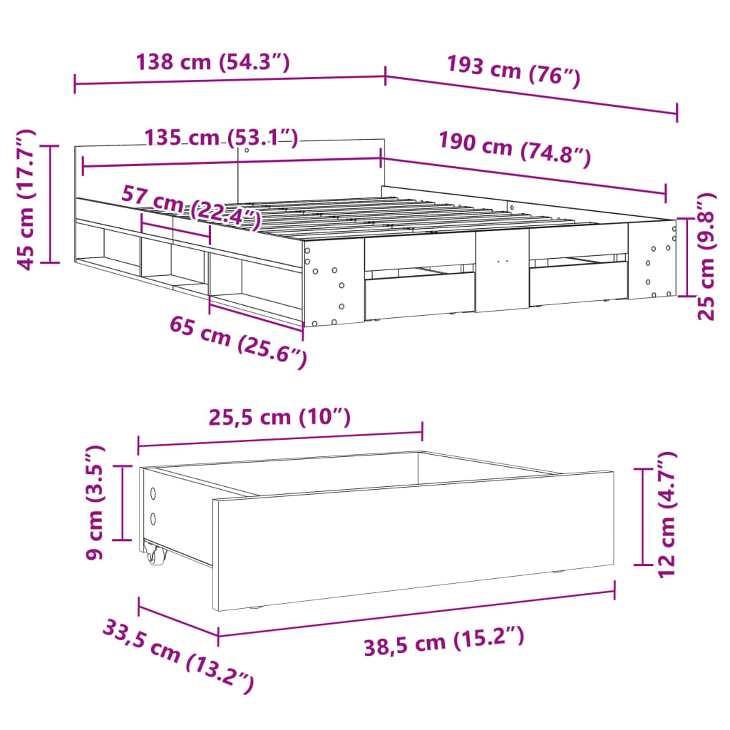Okvir kreveta s ladicama boja hrasta 135x190 cm