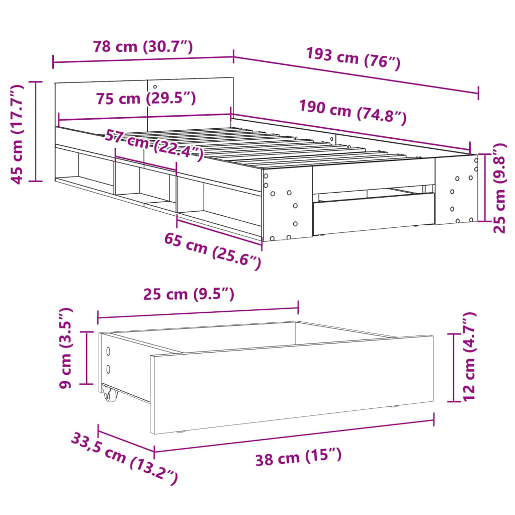 Okvir kreveta s ladicom crni 75 x 190 cm konstruirano drvo