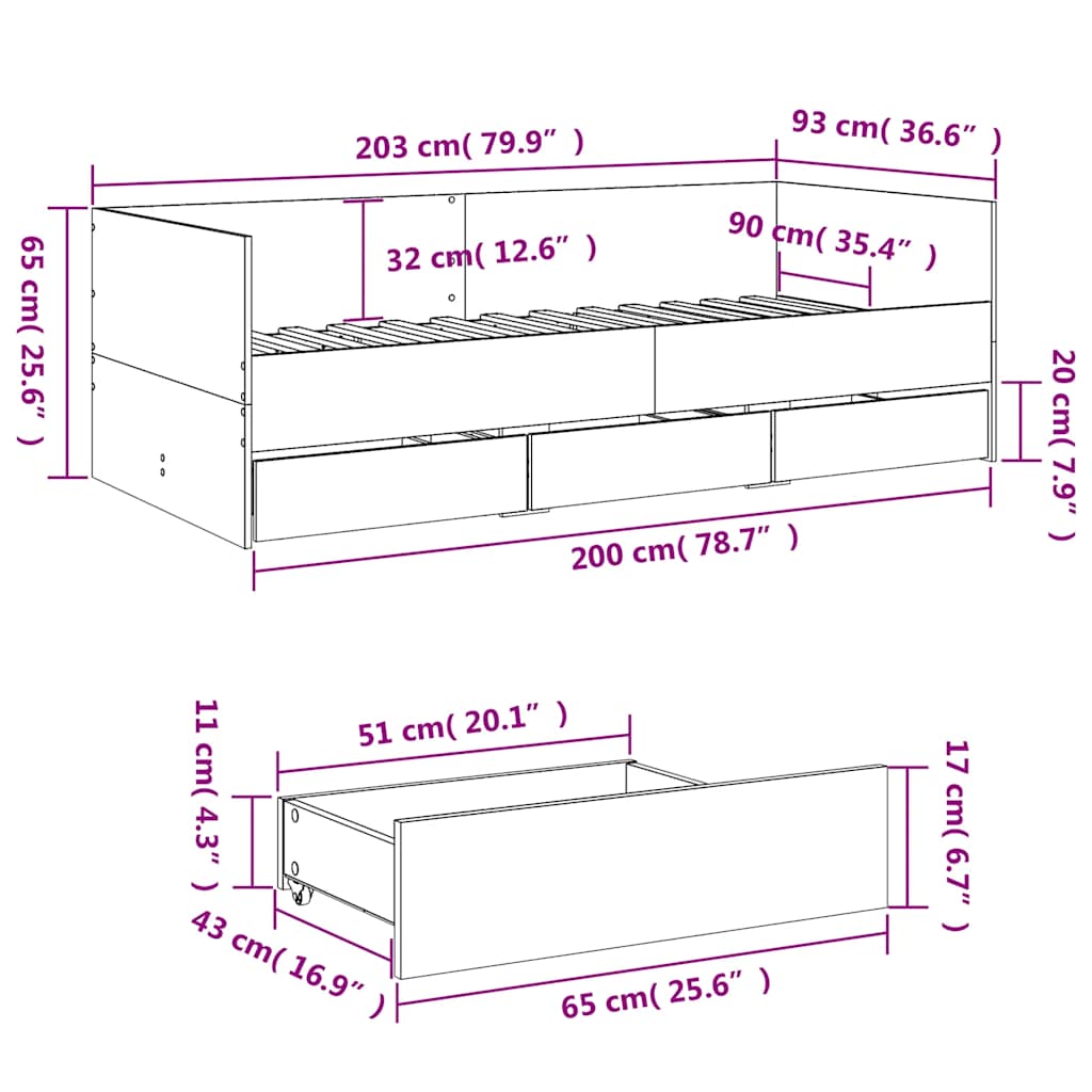 Dnevni krevet s ladicama bez madraca crni 90x200 cm