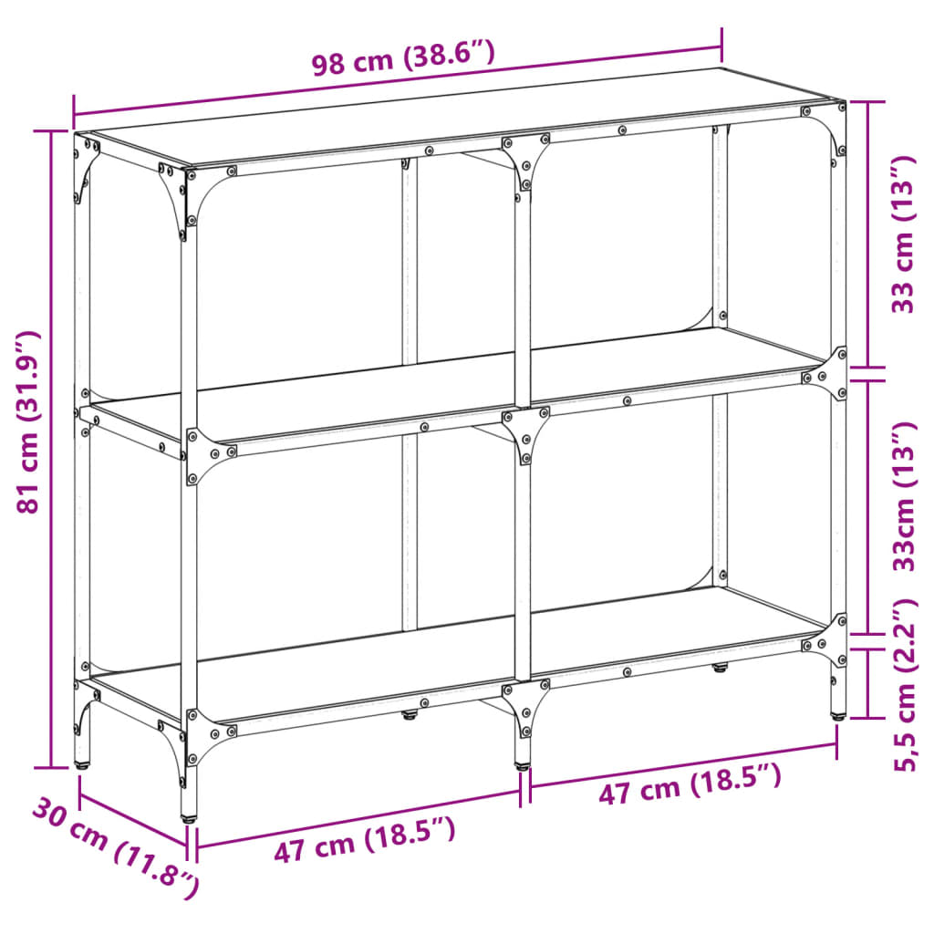 Konzolni stol s crnom staklenom površinom 98x30x81 cm čelični