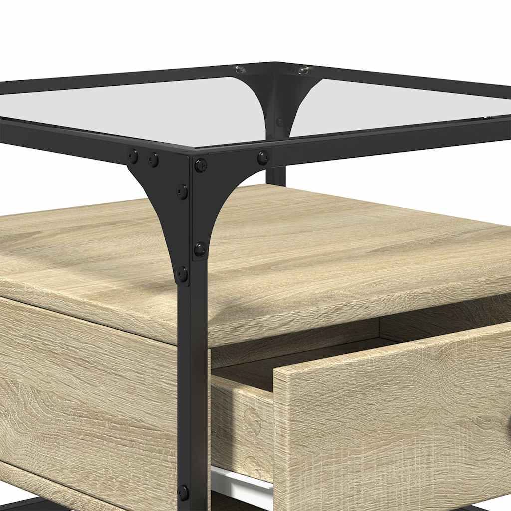 Stolić sa staklenom površinom boja hrasta 50 x 50 x 45 cm čelik