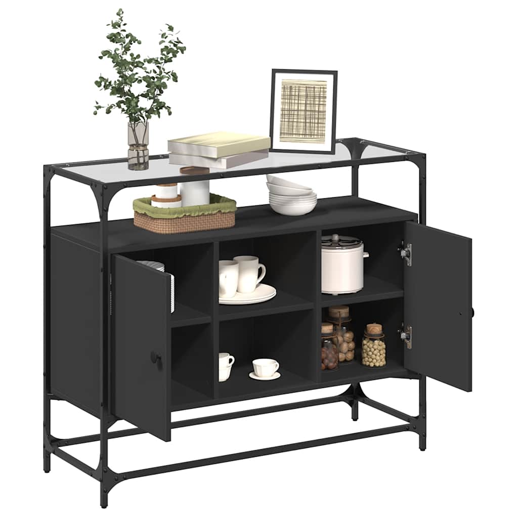 Komoda sa staklenom površinom crna 98x35x81 cm drvena