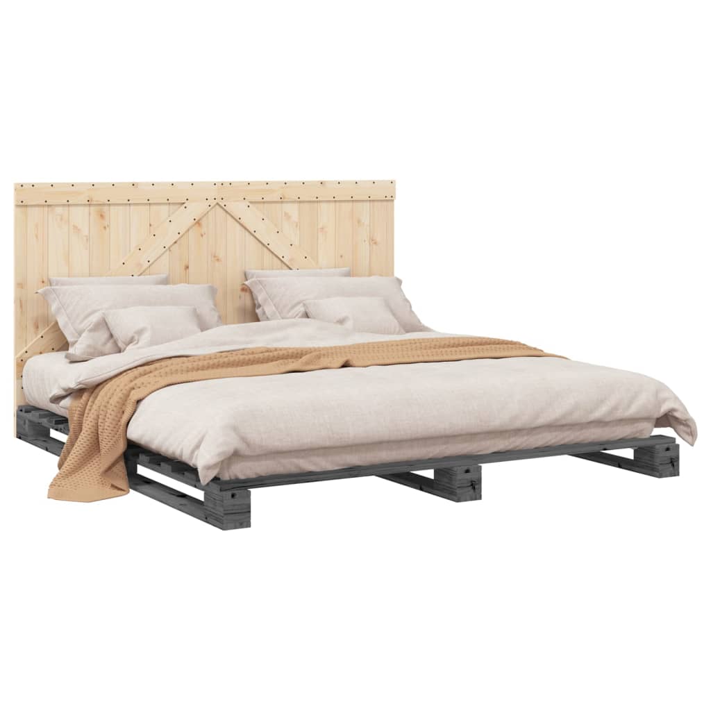 Okvir za krevet s uzglavljem sivi 200 x 200 cm masivna borovina