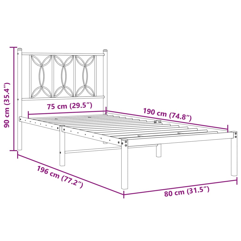 Metalni okvir za krevet s uzglavljem crni 75x190 cm