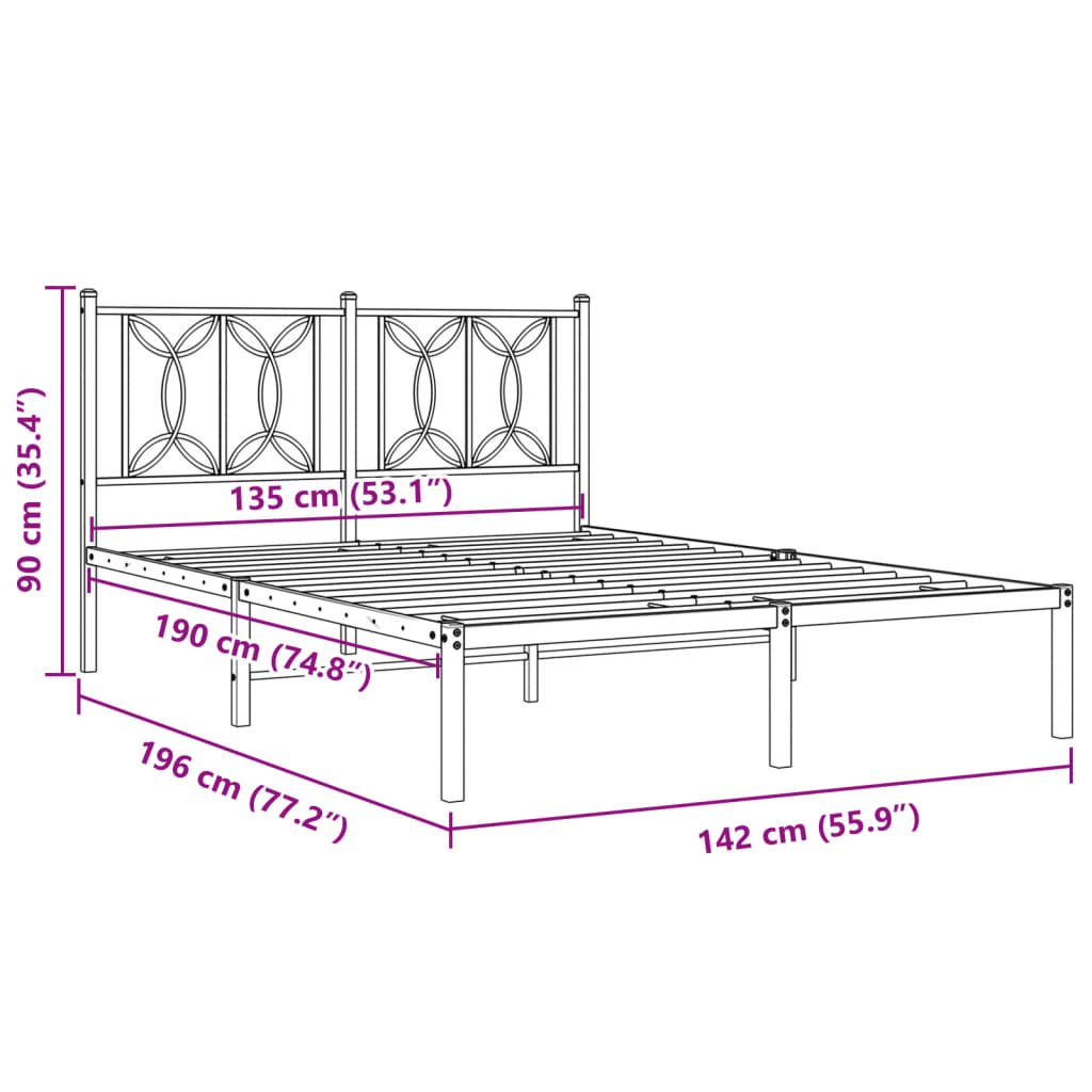 Metalni okvir za krevet s uzglavljem crni 135x190 cm