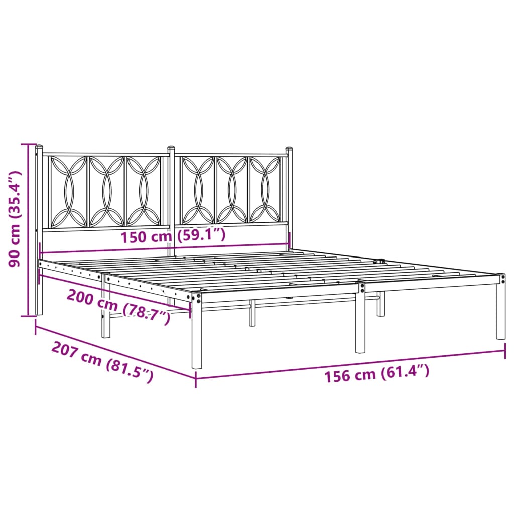 Metalni okvir za krevet s uzglavljem crni 150x200 cm