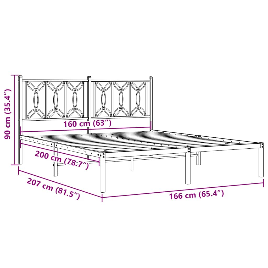 Metalni okvir za krevet s uzglavljem crni 160x200 cm