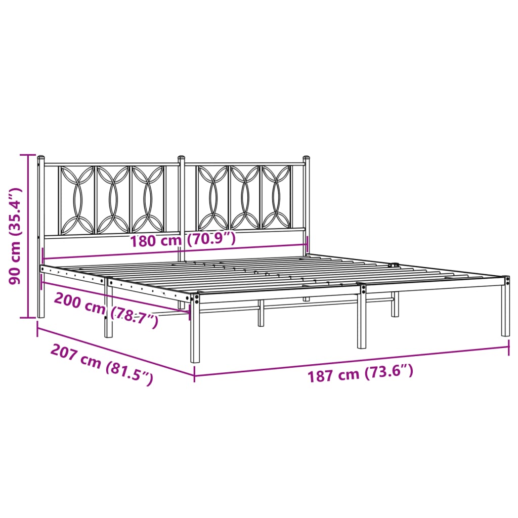 Metalni okvir za krevet s uzglavljem crni 180x200 cm