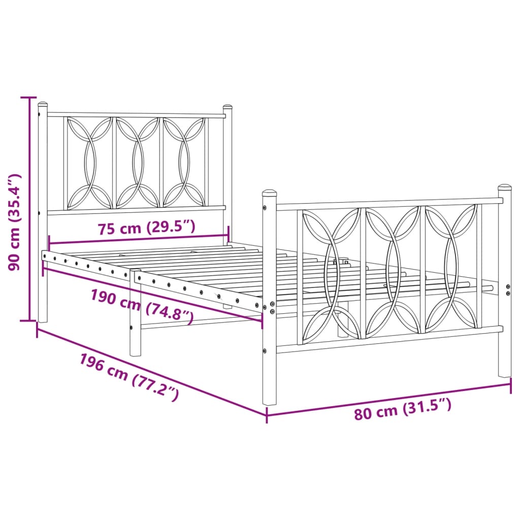 Metalni okvir kreveta uzglavlje i podnožje crni 75x190 cm
