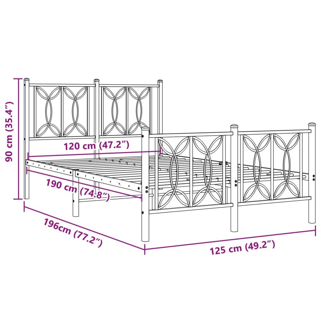 Metalni okvir kreveta uzglavlje i podnožje crni 120x190 cm