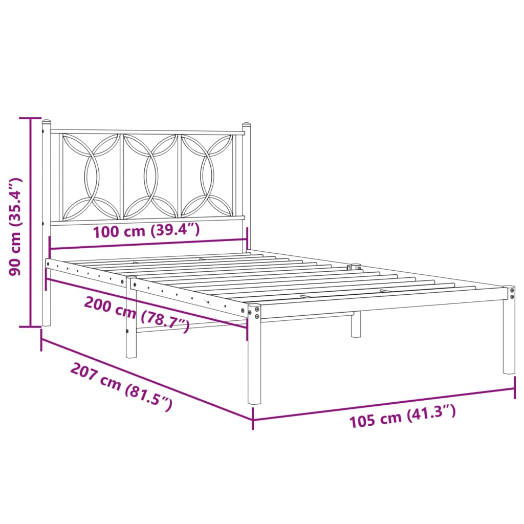Metalni okvir za krevet s uzglavljem bijeli 100x200 cm