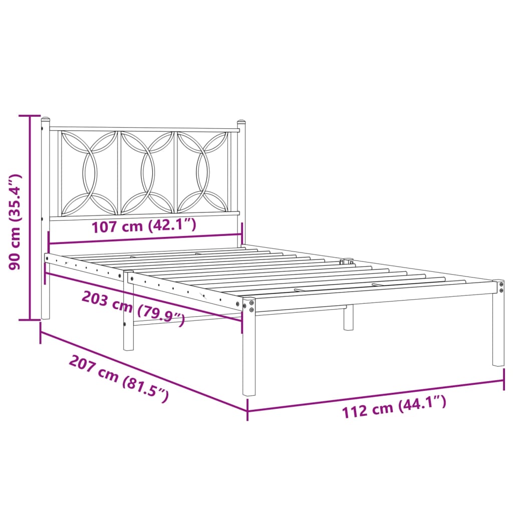 Metalni okvir za krevet s uzglavljem bijeli 107x203 cm