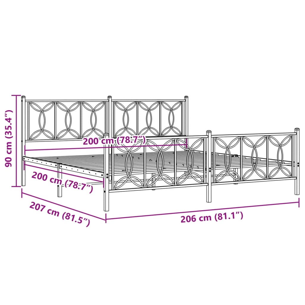 Metalni okvir kreveta uzglavlje i podnožje bijeli 200x200 cm