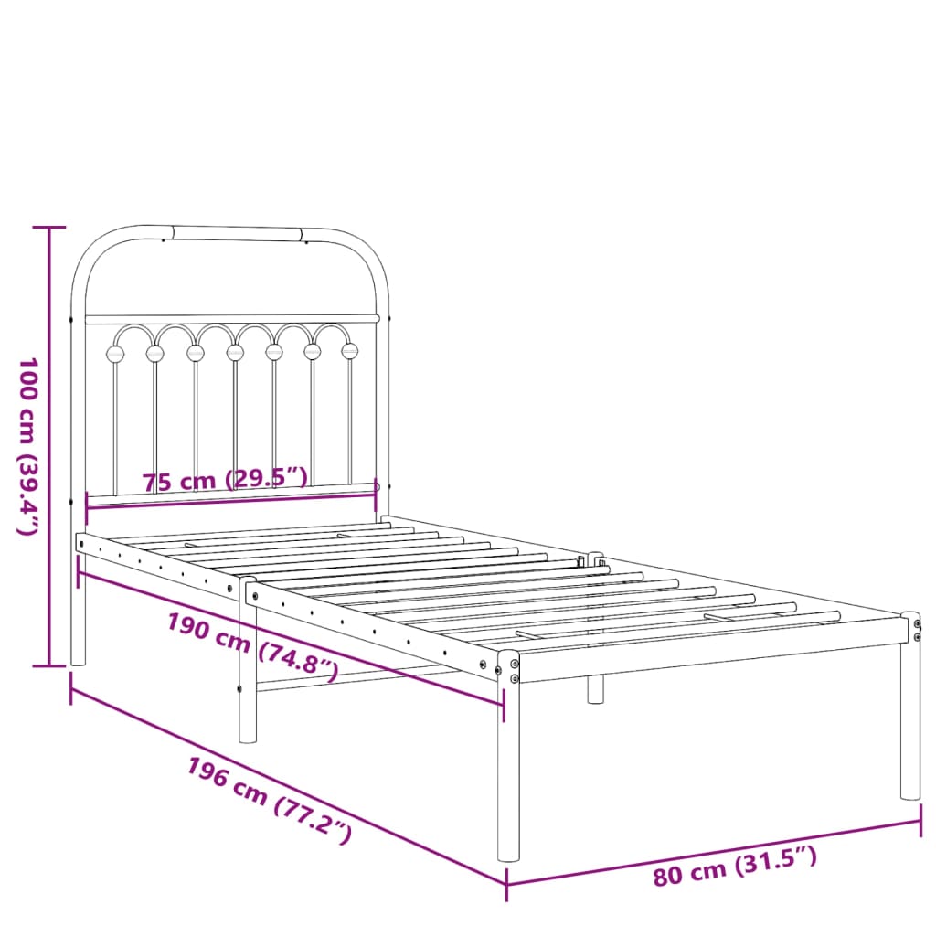 Metalni okvir za krevet s uzglavljem crni 75x190 cm