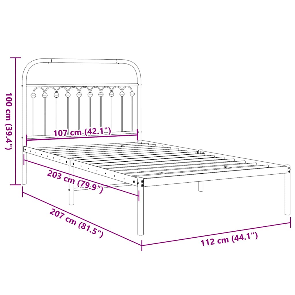 Metalni okvir za krevet s uzglavljem crni 107x203 cm